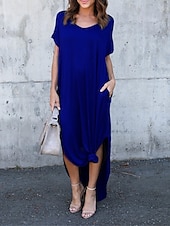 preiswerte T Shirt-Kleider-Damen Casual kleid kleid lang Baumwolle Tasche Gespleisst Verabredung Maxi Basic V Ausschnitt Kurzarm Schwarz Weiß Rosa Farbe