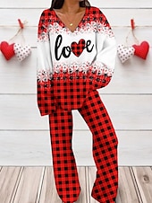 billiga grafiska sovkläder-Valentin Kvinnors Loungewear Set 2 Delar Hjärta Mode Komfort Mjuk Hem Daglig Spandex Andningsbar V-Dra Lång Ärmar T shirt Tee Byxor Sommar Vår Hem Kläder