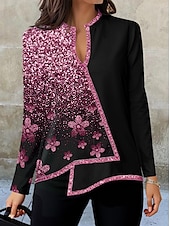economico Top Floreali-Blusa da Donna Moda Stampa Floreale Orlo Asimmetrico Manica Lunga Regular Collo a V Casual Vacanza Nera Argento Rosa Blu Verde Autunno e Inverno