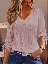 economico Top in Pizzo-maglietta Occhiello in alto Top eleganti Per donna Nero Bianco Rosa Liscio Pulsante Informale Di tendenza A V Standard S