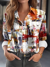 economico Top d&#039;Arte e Design per Donne-Camicia da donna Moda Color Block Bottoni Stampa Maniche Lunghe Top Regolari Collo Camicia Casual Rossa Blu Reale Blu Verde Primavera  Autunno