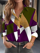 economico Top a Righe e Geometrici per Donne-Camicia da donna a maniche lunghe blouse con bottoni moda geometrica stampa bottoni top regolari colletto camicia casual rosso blu viola verde primavera e autunno
