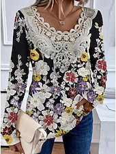 economico Maglie lunghe-Tunic da donna camicia blusa moda floreale stampa pizzo manica lunga regolare tops a V casual festa nera bianca gialla rosa rossa primavera e autunno