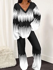 preiswerte grafische Nachtwäsche-Damen-Pyjama-Sets mit geometrischem Blumenmuster, modisch, weich, für den Alltag, Polyester, atmungsaktiv, V-Ausschnitt, langärmelige Hose, Frühlings-Home-Outfits
