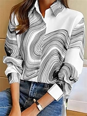 ieftine Topuri pentru femei cu dungi și geometrice-Cămașă pentru femei cu print la modă cu nasturi cu mânecă lungă bluze regolare guler casual alb-negru primăvară și toamnă