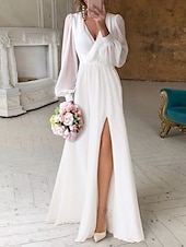 economico abiti da sposa casual-Ricevimento di matrimonio in spiaggia piccoli abiti bianchi abiti da sposa A-Line scollo a V maniche lunghe lunghezza a terra abiti da sposa in chiffon con arricciature 2025