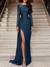 cheap PURPLE-Mermaid Evening Gown Elegant Dress Wedding Guest Black Tie Sweep / Brush Train Long Sleeve Jewel Neck Satin with Ruched Slit Masquerade Dress