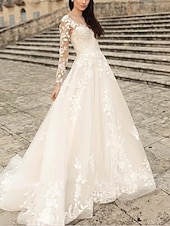 preiswerte Luxuriöse Hochzeitskleider-Strandhochzeit Strand Formal Hochzeitskleider A-Linie V-Ausschnitt Langarm Sweep  Brush Train Spitze Brautkleider mit Blume Einfarbig 2025