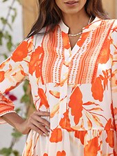 economico Abiti floreali-Per donna Abito da festa Largo Maxi in Raso Abito maxi Arancione Maniche a 3/4 Fiori e Piante Fiori / Piante Stampa Primavera Primavera ed Estate Scollo a V Collo alla coreana Vestiti Abito da vacanza