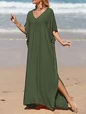 abordables Robes décontractées blanches-robe blanche Robe casual Robe d&#039;été Femme robe longue Fendu Rendez-vous Vacances Plage Maxi basique Col V Demi Manches Ample Noir Blanche Jaune Taille unique