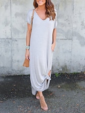 preiswerte T Shirt-Kleider-Damen Casual kleid kleid lang Baumwolle Tasche Gespleisst Verabredung Maxi Basic V Ausschnitt Kurzarm Schwarz Weiß Rosa Farbe