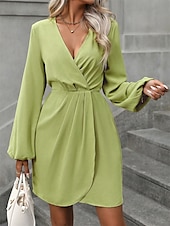 preiswerte abendkleider-Damen Arbeitskleidung Semi formelles Kleid Wickelkleid Elegant winterkleider damen B¨¹ro Täglich Minikleid Rüschen V Ausschnitt Langarm Glatt Regular Fit Grün Herbst Winter S M L XL