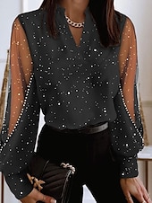 billiga Dressiga toppar-dam spetsskjorta blus eyelet topp vit spetsskjorta elegant färgblock spets patchwork puffärm långärmad v-ringad ledig denim blå svart vit khaki höst