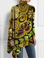 abordables T-shirt Boho-Camiseta de mujer de moda floral impresión dobladillo asimétrico de manga larga largos tops cuello alto casual vacaciones rojo azul verde primavera y otoño