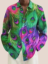 cheap Geometric Pattern-Men&#039;s Color Block Geometric Pattern Feathers Shirt Button Up Shirt Long Sleeve Hawaiian Artistic Vacation Casual Daily Weekend Spring &amp; Summer Turndown Print Button-Down Blue Purple Green