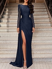 cheap PURPLE-Mermaid Evening Gown Elegant Dress Wedding Guest Black Tie Sweep / Brush Train Long Sleeve Jewel Neck Satin with Ruched Slit Masquerade Dress
