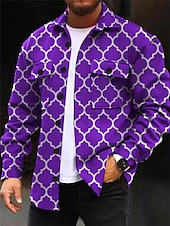 economico giacca camicia da uomo-Per uomo Geometria Camicia Giacca da camicia Sovracamicia Manica lunga Informale Esterno Strada Casual / quotidiano Autunno inverno Collo ripiegabile Bottoni Tasche Stampa Nero Rosso Blu Viola
