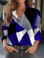 economico Top a Righe e Geometrici per Donne-Camicia da donna a maniche lunghe blouse con bottoni moda geometrica stampa bottoni top regolari colletto camicia casual rosso blu viola verde primavera e autunno