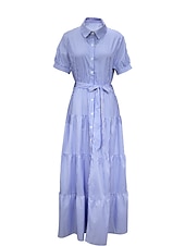 abordables Robes-chemises-robe chemise femme robe décontractée rayure lacets volants col chemise robe longue robe maxi vacances manches courtes été printemps