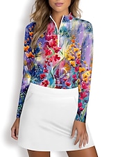 cheap Polos &amp; Quarterzips-Women&#039;s Golf Polo Shirt Blue Long Sleeve Top Floral Ladies Golf Attire Clothes Outfits Wear Apparel