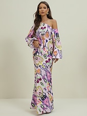 tanie Bluzki damskie garniturowe-Damskie Zestaw sukienek Codzienne sukienki Sukienka ołówkowa Sukienka z nadrukiem Moda Moda miejska Graficzny Abstrakcja Nadruk Sukienka maxi Długi rękaw Na jedno ramię Na zewnątrz Urlop Czerwony