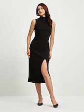 ieftine rochie midi neagra-rochie neagra dama rochie fara maneci cu crapatura inalta rochie de petrecere midi cu gat inalt