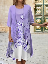 abordables Robe Fleurie-Robe de graduation pour femmes Robe midi Robe d&#039;invitée Cocktail Robe en chiffon Décontractée Élégante Ensemble de deux pièces Printemps Col rond À manches courtes Imprimé floral Ajustement ample