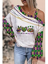 billige Kvinne Grafiske Topper-dameskjorte bluse mardi gras skjorte mote hjerte vanlige topper lange ermer en skulder print regular fit karneval avslappet gå ut lysegrønn grønn vår &amp;amp; høstens karnevalstema