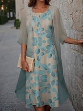 abordables Robe Fleurie-Robe de graduation pour femmes Robe midi Ensemble de robes Deux pièces Robe d&#039;invitée Cocktail Imprimé floral Chiffon Décontractée Mode Élégante Moderne Printemps Col rond À manches courtes
