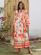 economico Abiti floreali-Per donna Abito da festa Largo Maxi in Raso Abito maxi Arancione Maniche a 3/4 Fiori e Piante Fiori / Piante Stampa Primavera Primavera ed Estate Scollo a V Collo alla coreana Vestiti Abito da vacanza