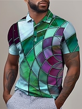 cheap Men&#039;s Geometric Polo-Men&#039;s Graphic Polo Shirts Golf Shirt Short Sleeve Polo Shirts Collared Shirts Casual Vacation Wear Rave Wear Party Outfits Buttons 3D Print Spring &amp; Summer Pink Purple Green