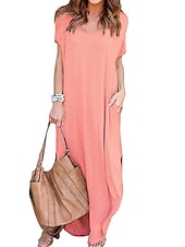 preiswerte T Shirt-Kleider-Damen Casual kleid kleid lang Baumwolle Tasche Gespleisst Verabredung Maxi Basic V Ausschnitt Kurzarm Schwarz Weiß Rosa Farbe