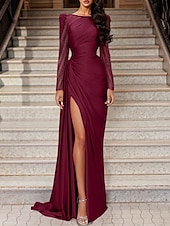 cheap PURPLE-Mermaid Evening Gown Elegant Dress Wedding Guest Black Tie Sweep / Brush Train Long Sleeve Jewel Neck Satin with Ruched Slit Masquerade Dress