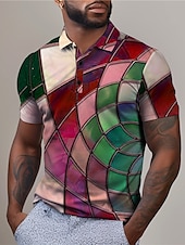 cheap Men&#039;s Geometric Polo-Men&#039;s Graphic Polo Shirts Golf Shirt Short Sleeve Polo Shirts Collared Shirts Casual Vacation Wear Rave Wear Party Outfits Buttons 3D Print Spring &amp; Summer Pink Purple Green