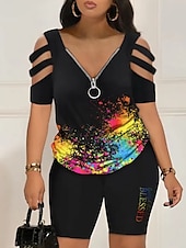 abordables Ensembles deux pièces-Femme Chemise Ensembles de shorts Graphic Zippé Découpé Casual Quotidien Mode Manche Courte Col V Noir Eté
