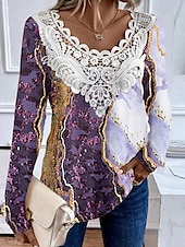 abordables Tuniques-Blouse femme tunique dentelle splicing col en V à manches longues florale dentelle patchwork imprimé tops réguliers col rond décontracté violet vert kaki printemps et automne préautomne
