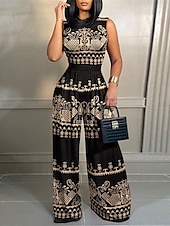 olcso nyaralás jumpsuit-Női Szabályos Jumpsuitek Utcai sikk Virágos Ujjatlan Terített nyak Magas derék Nyomtatott Utca Napi Normál Fekete Sárga Arcpír rózsaszín Nyár