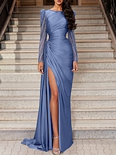 cheap PURPLE-Mermaid Evening Gown Elegant Dress Wedding Guest Black Tie Sweep / Brush Train Long Sleeve Jewel Neck Satin with Ruched Slit Masquerade Dress