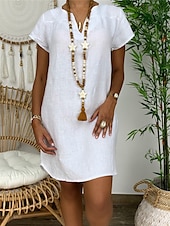 economico disegnare abiti in cotone e lino-Per donna Mini Abito Abiti ispirati al lino Abito Bianco Abito Camicia Vestito Casual Essenziale Streetwear Data Vestibilità regolare Manica Corta Collo a Spacco Bianco Giallo Rosa Arancione Estate