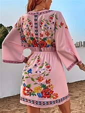 olcso Alkalmi virágos ruhák-női alkalmi ruha virágmintás v nyak mini ruha etnikai boho vakáció 3/4 hosszú ujjú nyár tavasz