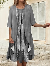 cheap Art&amp;Design Dress-Women&#039;s Graduation Dress Midi Dress Two Piece Dress Set Casual Dress Chiffon Dress Print Dress Fashion Modern Print Print Half Sleeve Crew Neck Outdoor Holiday Pink Blue Purple Spring Loose Fit