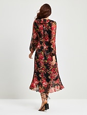 お買い得  花柄ドレス-シフォン花柄ウエスト調節可能なマキシドレス