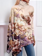 billige Blomster t-skjorte-Dame T-skjorte Mote Blomster Print Asymmetrisk Kant Langermet Vanlige Topper Høy Hals Casual Ferie Rosa Blå Grønn Khaki Vår  Høst