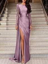 cheap PURPLE-Mermaid Evening Gown Elegant Dress Wedding Guest Black Tie Sweep / Brush Train Long Sleeve Jewel Neck Satin with Ruched Slit Masquerade Dress