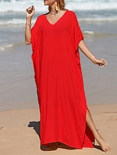 abordables Robes décontractées blanches-robe blanche Robe casual Robe d&#039;été Femme robe longue Fendu Rendez-vous Vacances Plage Maxi basique Col V Demi Manches Ample Noir Blanche Jaune Taille unique