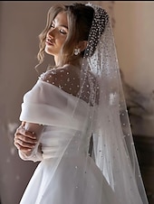 economico Abiti sposa di lusso-Abiti da sposa semplici da spiaggia Abiti da sposa formali A-Line Collo illusionista maniche lunghe lunghezza totale in tulle con perline arricciate 2025