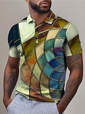 cheap Men&#039;s Geometric Polo-Men&#039;s Graphic Polo Shirts Golf Shirt Short Sleeve Polo Shirts Collared Shirts Casual Vacation Wear Rave Wear Party Outfits Buttons 3D Print Spring &amp; Summer Pink Purple Green