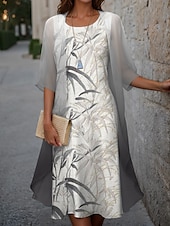 abordables Robe Fleurie-Robe de graduation pour femmes Robe Midi Ensemble de deux pièces Robe d&#039;invitée de mariage Robe cocktail Robe en chiffon Extérieur Vacances Mode Imprimé décontracté Éléguante Printemps Col rond À