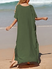 abordables Robes décontractées blanches-robe blanche Robe casual Robe d&#039;été Femme robe longue Fendu Rendez-vous Vacances Plage Maxi basique Col V Demi Manches Ample Noir Blanche Jaune Taille unique