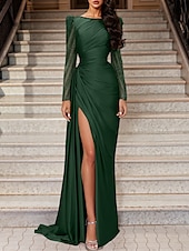 cheap PURPLE-Mermaid Evening Gown Elegant Dress Wedding Guest Black Tie Sweep / Brush Train Long Sleeve Jewel Neck Satin with Ruched Slit Masquerade Dress